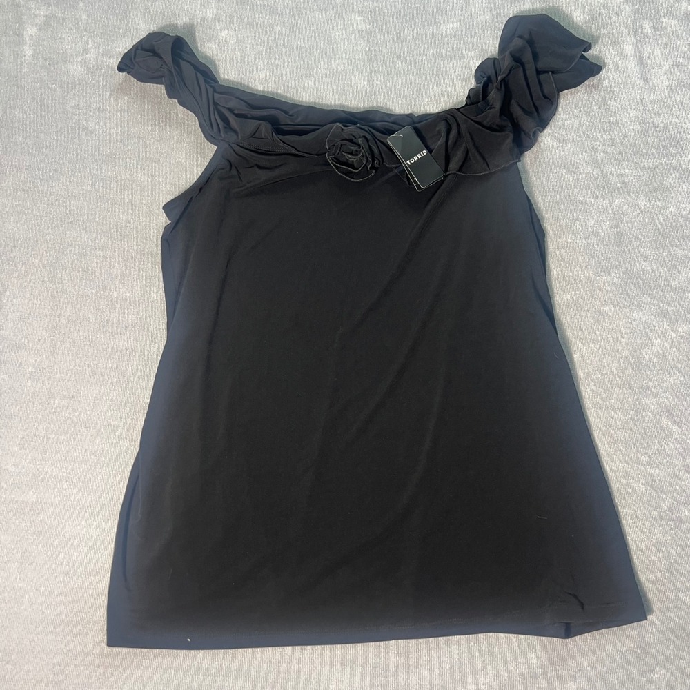 Torrid Studio Knit Off Shoulder Ruffle Rosette Top Deep Black 3X NWT
